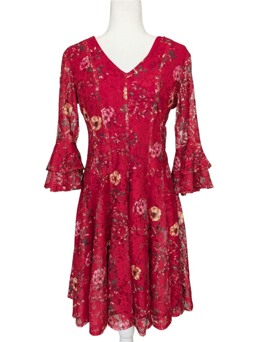 Danny and Nicole Womens Red Tiered Bell Sleeves Floral Lace V-Neck Dress Size 6
